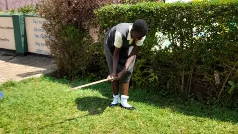 Maggie, used a slasher to cut the grasss.